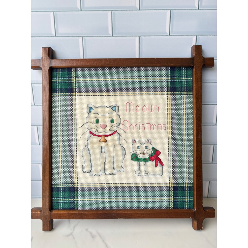 Vintage Meowy Christmas Cat Needlepoint Framed Cross Stitch Plaid Holiday Decor